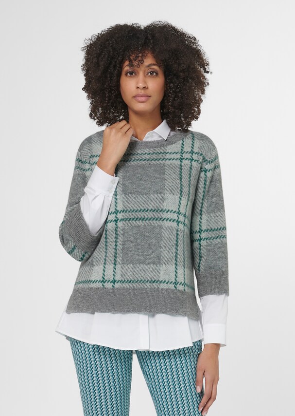 Knitted jumper with check and 3/4 sleeves