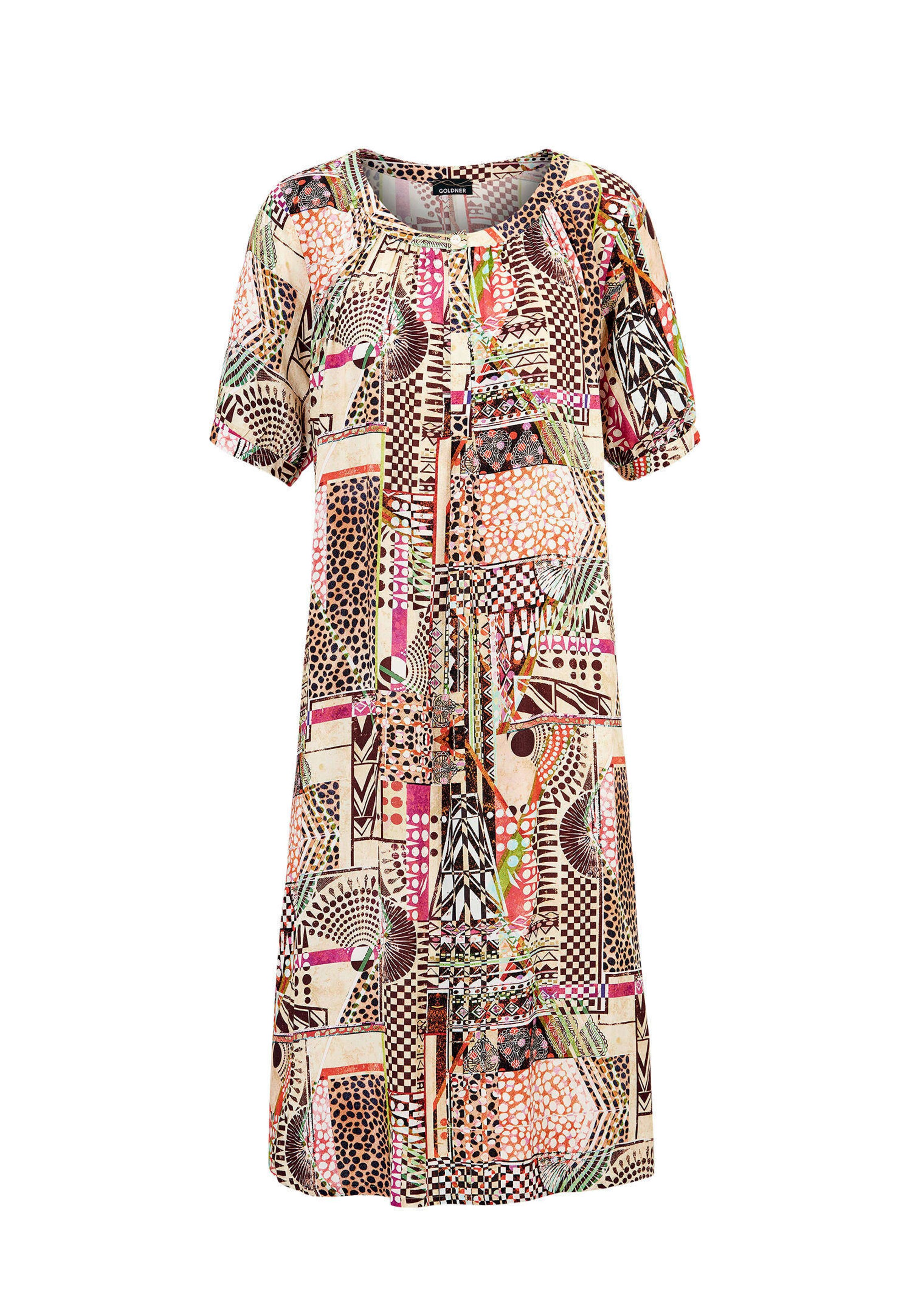 Soepelvallende jurk met patronenmix in beige atelier