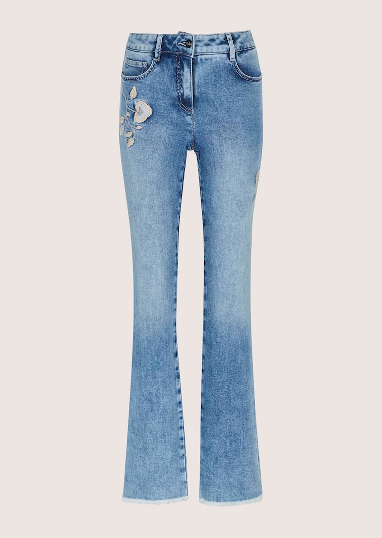 Bootcut-Jeans mit Stickerei und Fransen