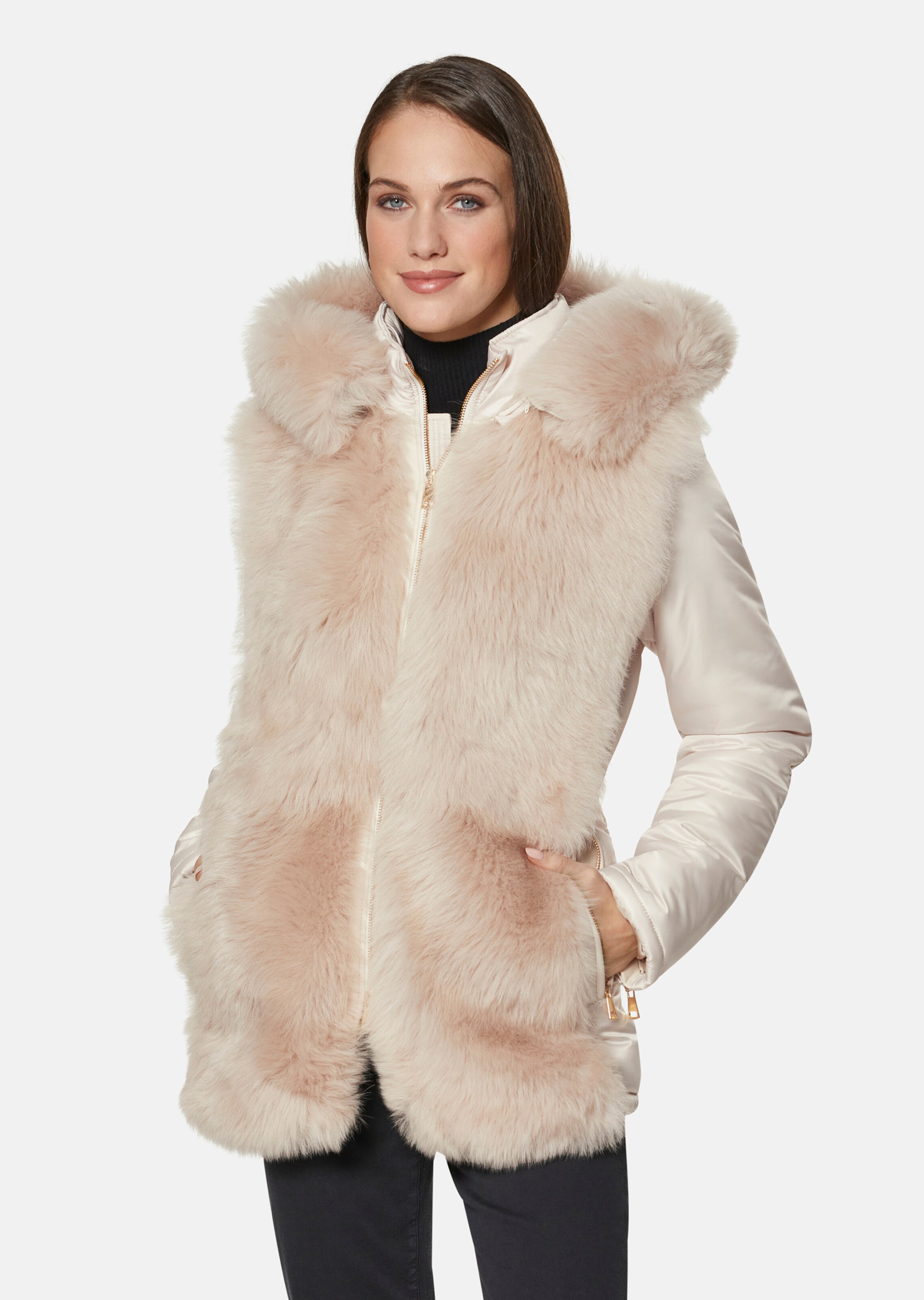 Padded jacket with fur and leather trims