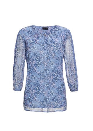 blauw / marine / gebloemd Chiffon blouse met een kleurrijke print