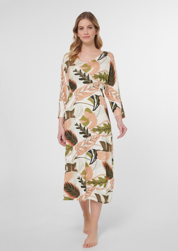 Nightdress with leaf print and gathered effect