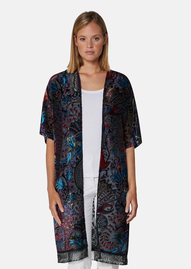 Panne velvet jacket with burnout pattern and fringes
