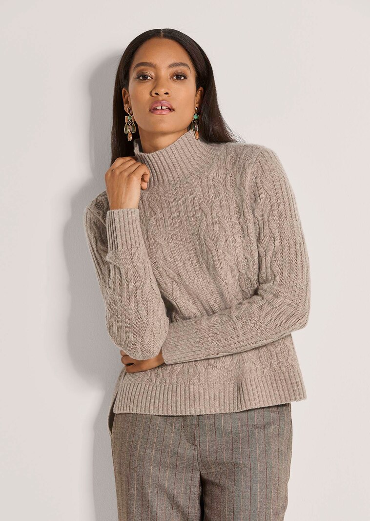 Zopfmuster-Pullover mit Kaschmiranteil und Stehkragen