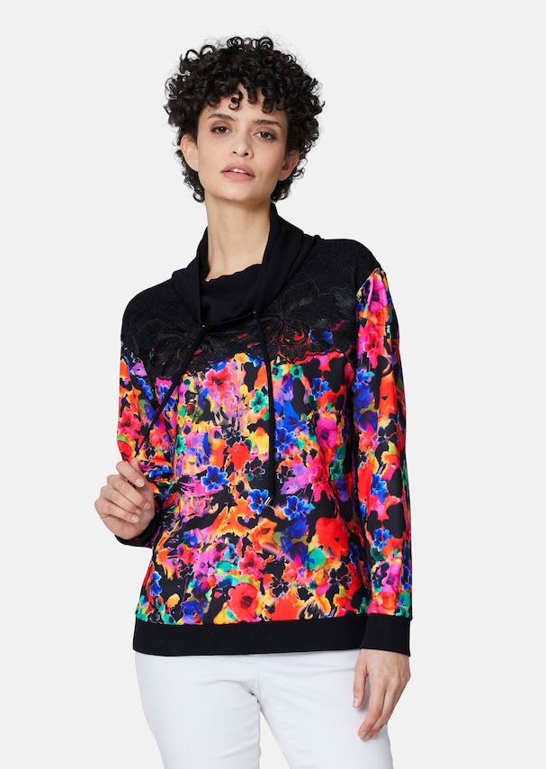 Sweatshirt mit floralem Print und Spitzen-Veredelung