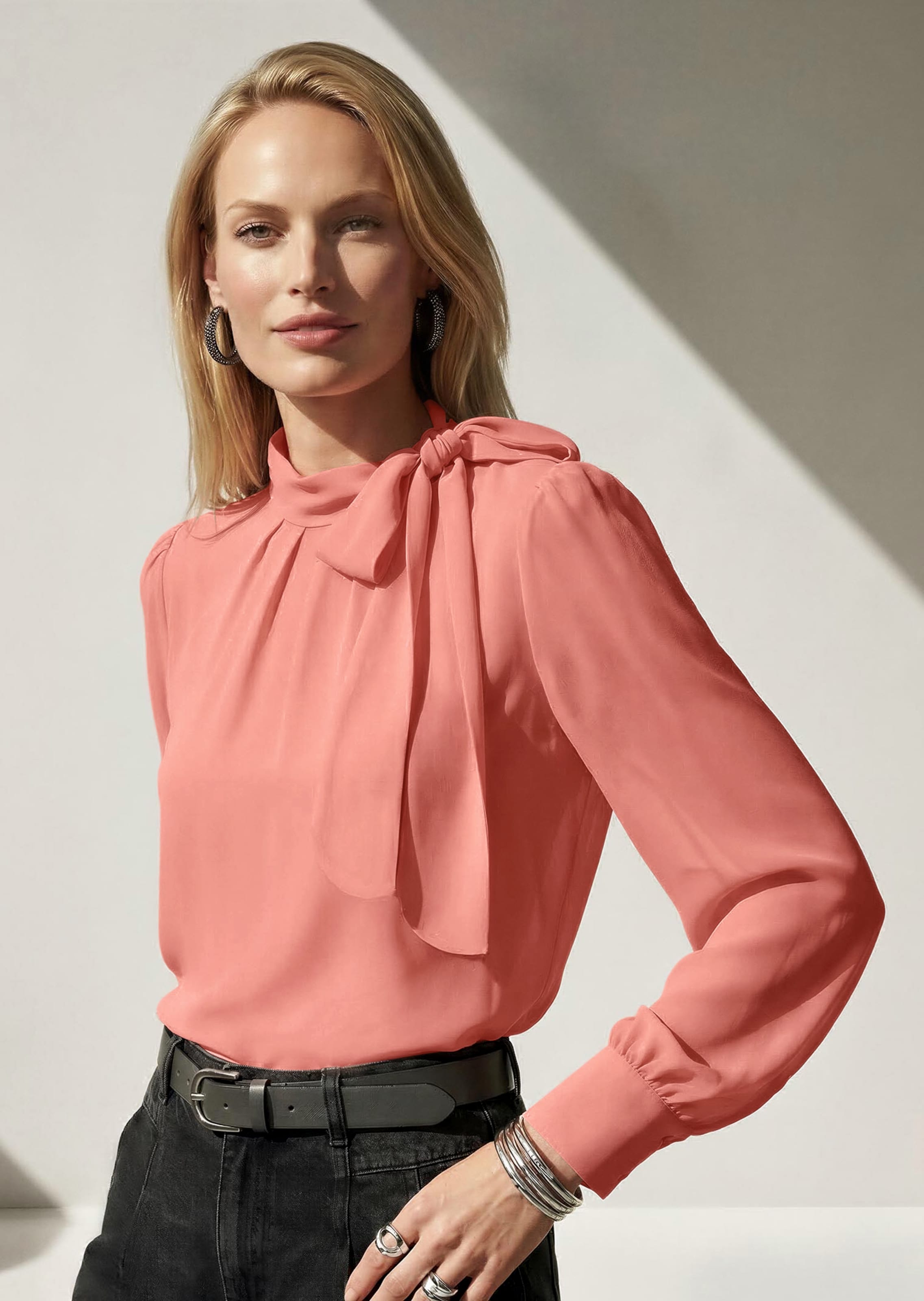 Chiffon blouse with stand-up collar and tie bow