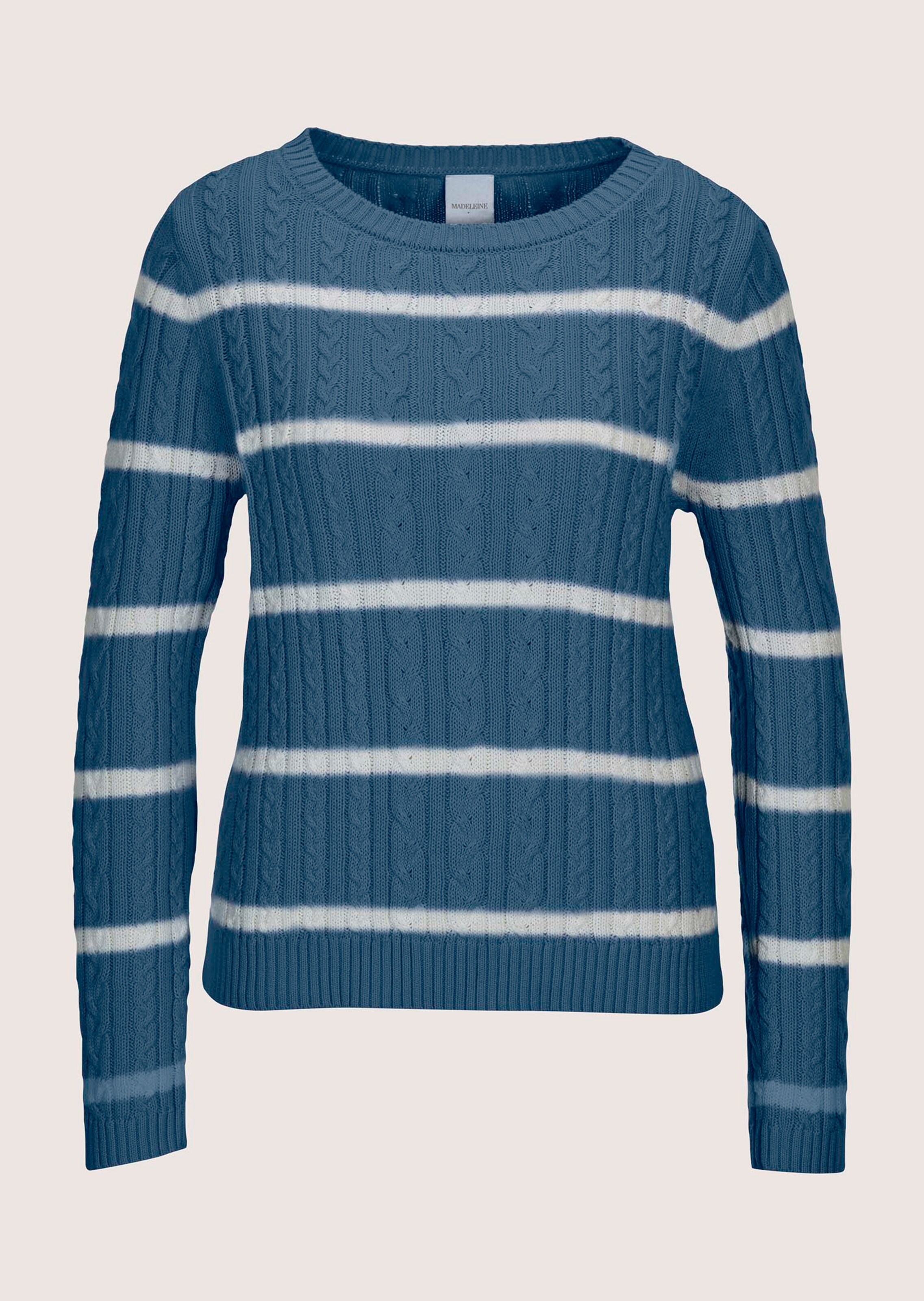 Strickpullover mit Zopfmuster in tintenblau wollweiß MADELEINE