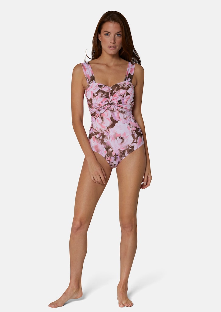 Swimming costume with floral print and gathering 1