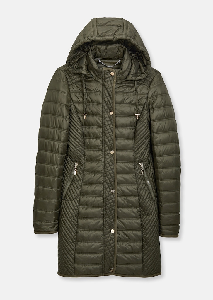 Long, padded quilted jacket with detachable hood