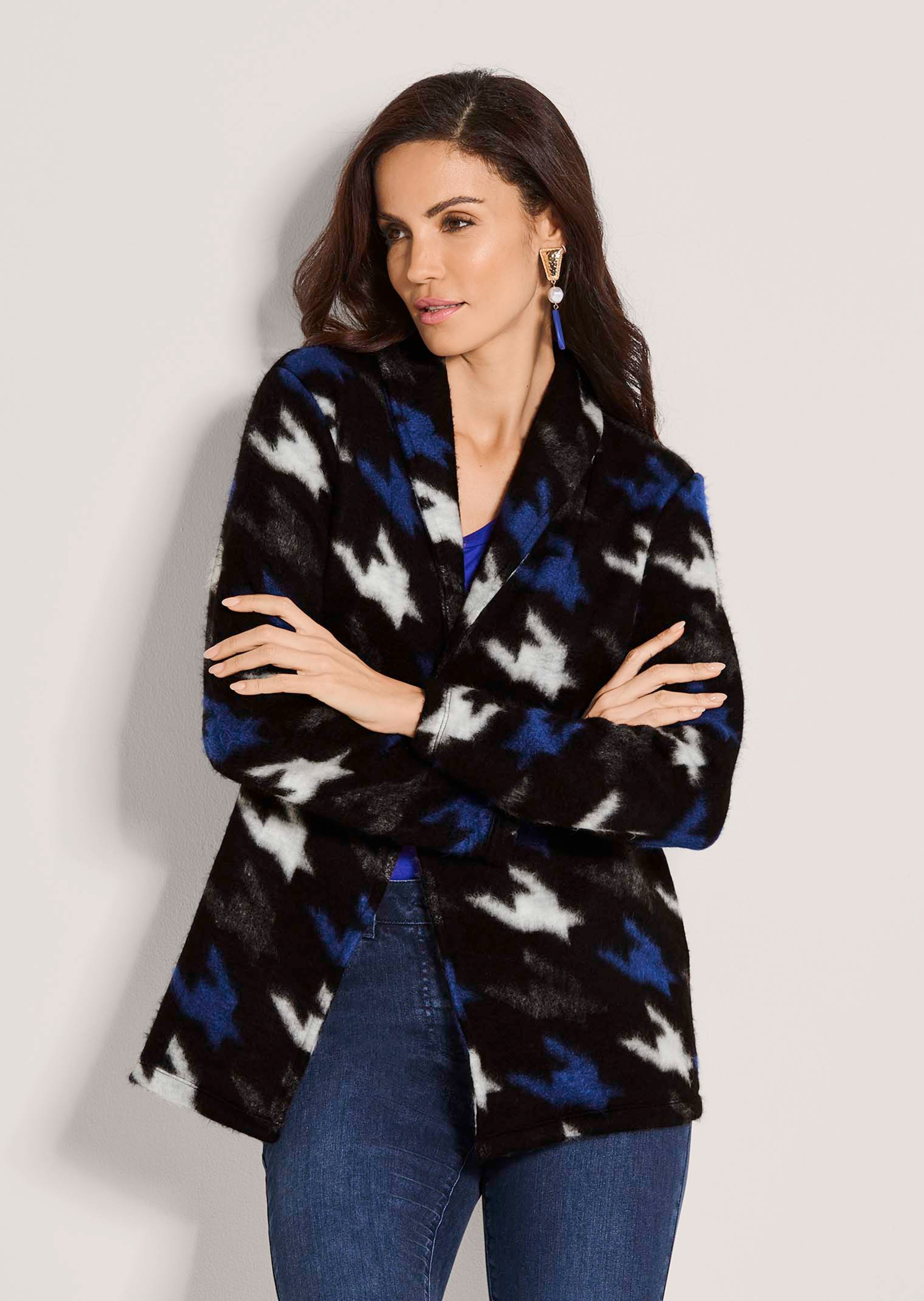 Verschlusslose Shirtjacke mit Hahnentrittmuster