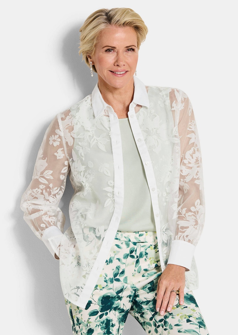 Kukkakuvioitu pusero polttopainetusta kankaasta