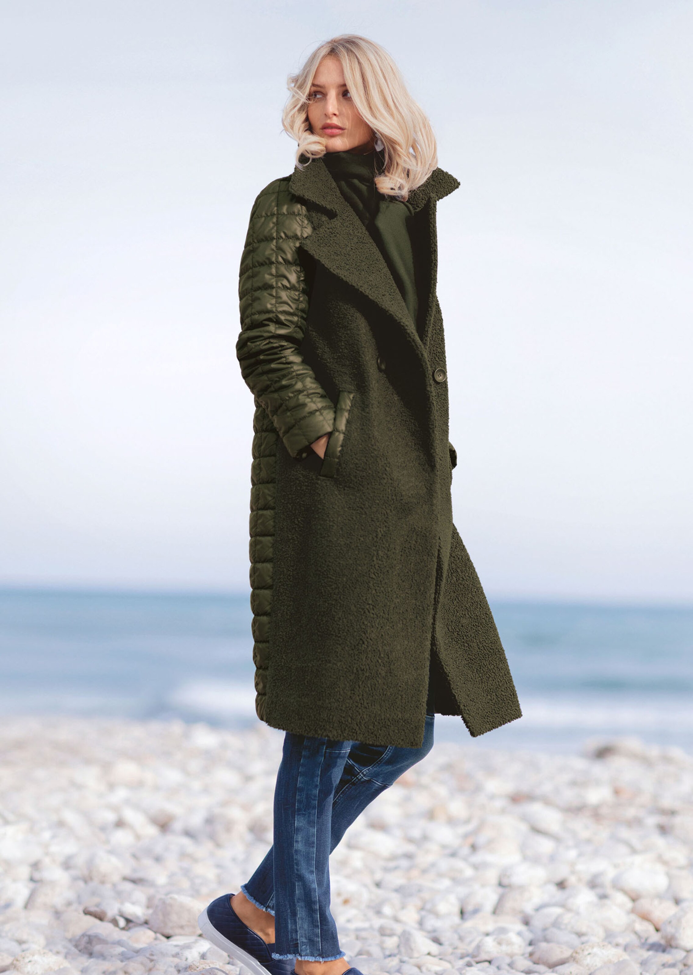 Double breasted coat in a mix of materials in khaki MADELEINE Fashion