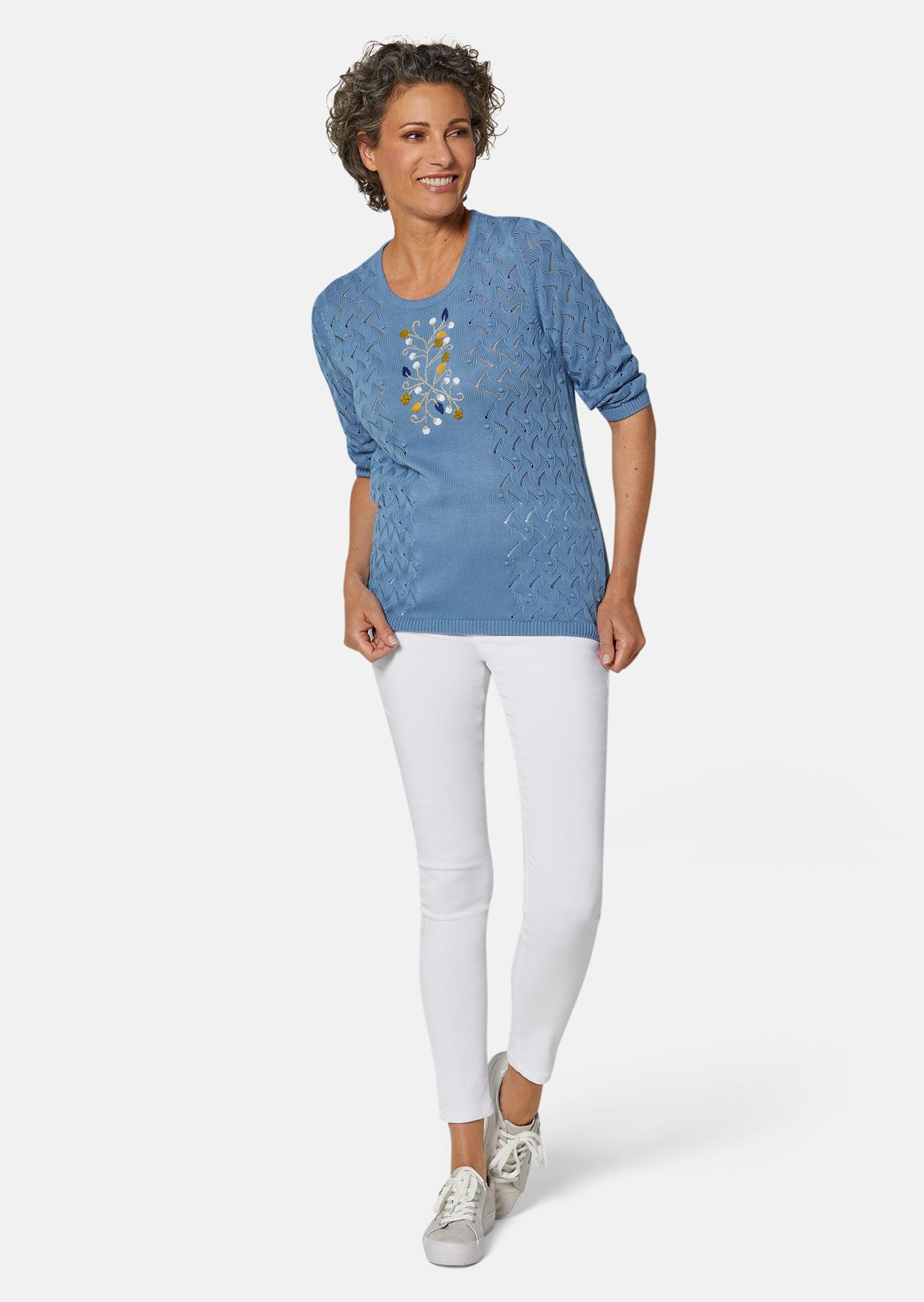 Pull ajouré à motif floral - bleu clair / brodé - Gr. 40 de Goldner Fashion