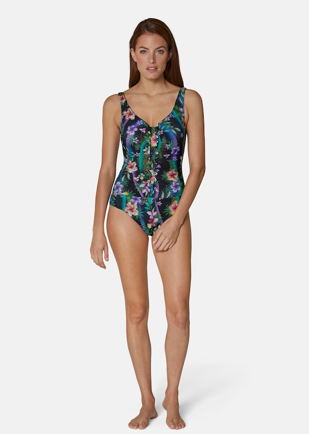 Swimming costume with floral print and frills 1