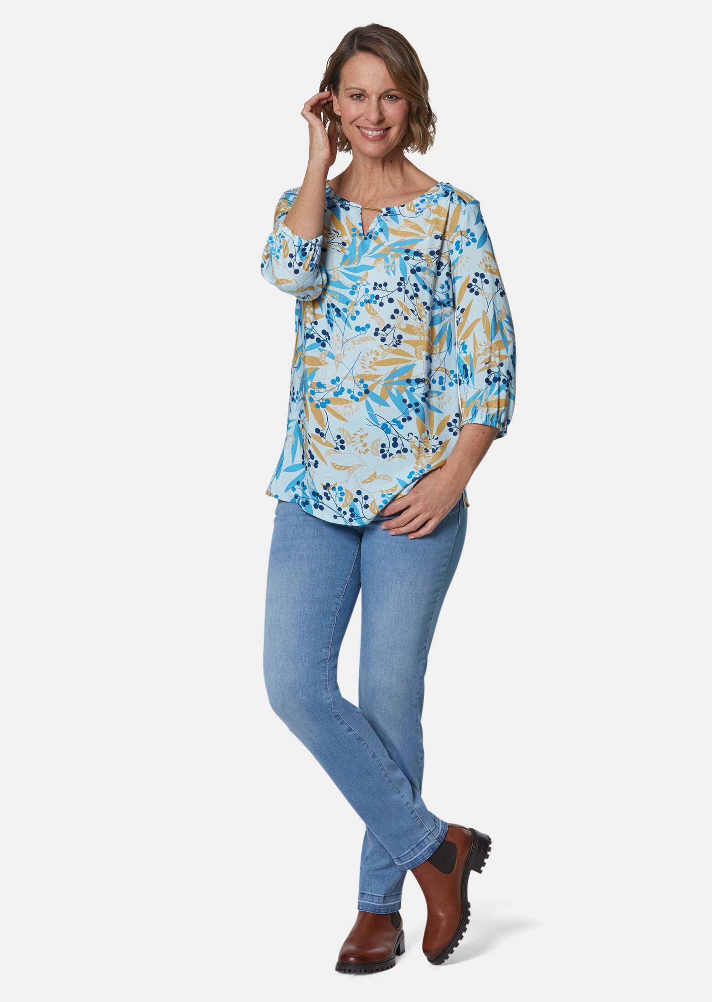 Chemisier imprimé en viscose de qualité - bleu / camel / à motifs - Gr. 48 de Goldner Fashion