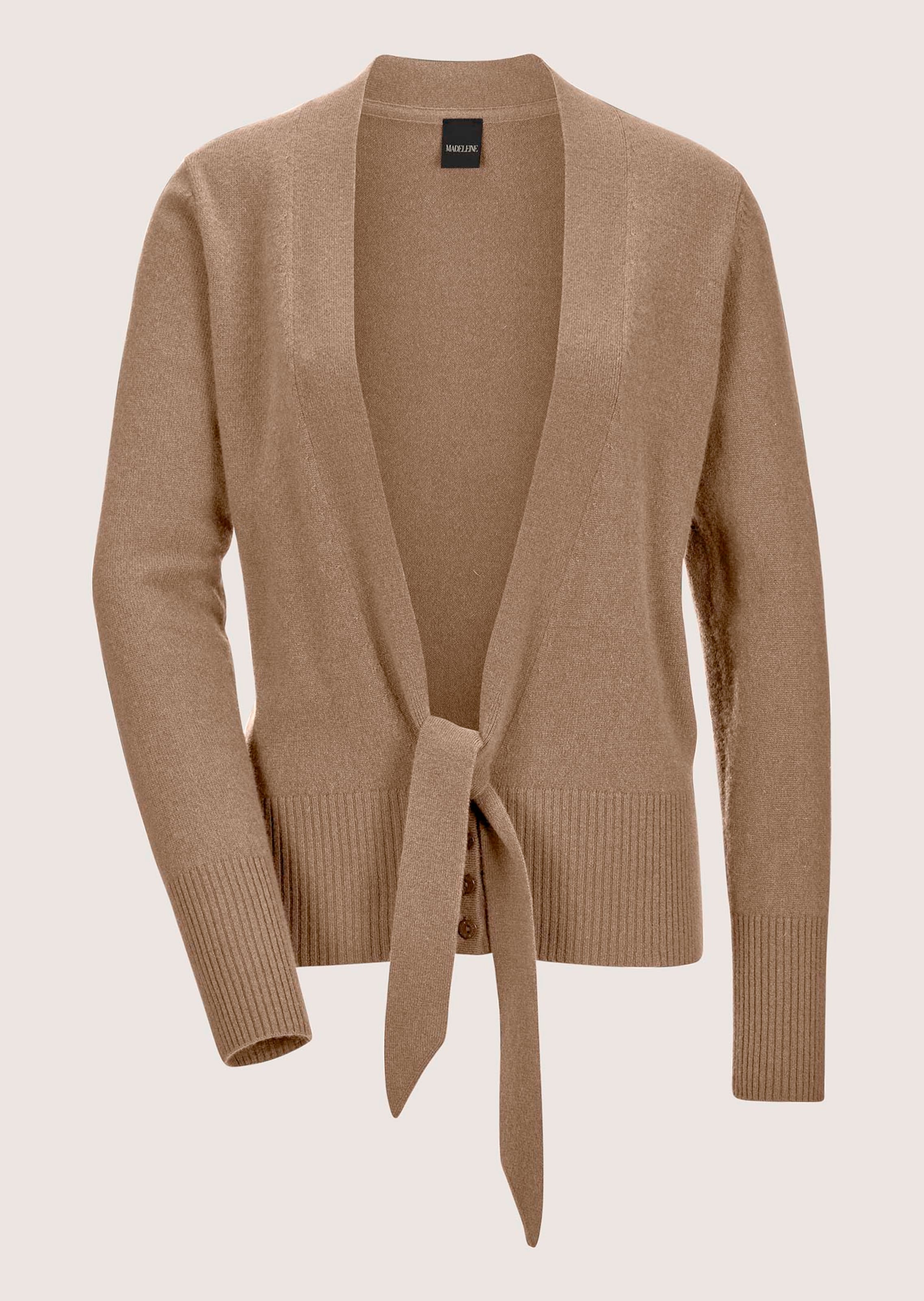 Cashmere cardigan with deep V-neck and tie ribbon in caramel