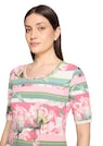 T-shirt côtelé avec motif de fleurs et de rayures thumbnail 4