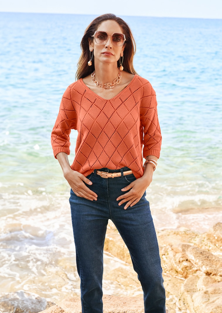 V-Pullover mit Pointelle-Muste