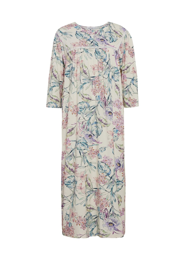 Nachthemd mit 3/4-Arm, Knopfleiste und floralem Dessin