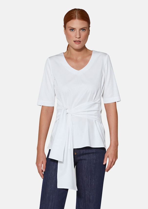 Short-sleeved blouse with attached tie ribbons