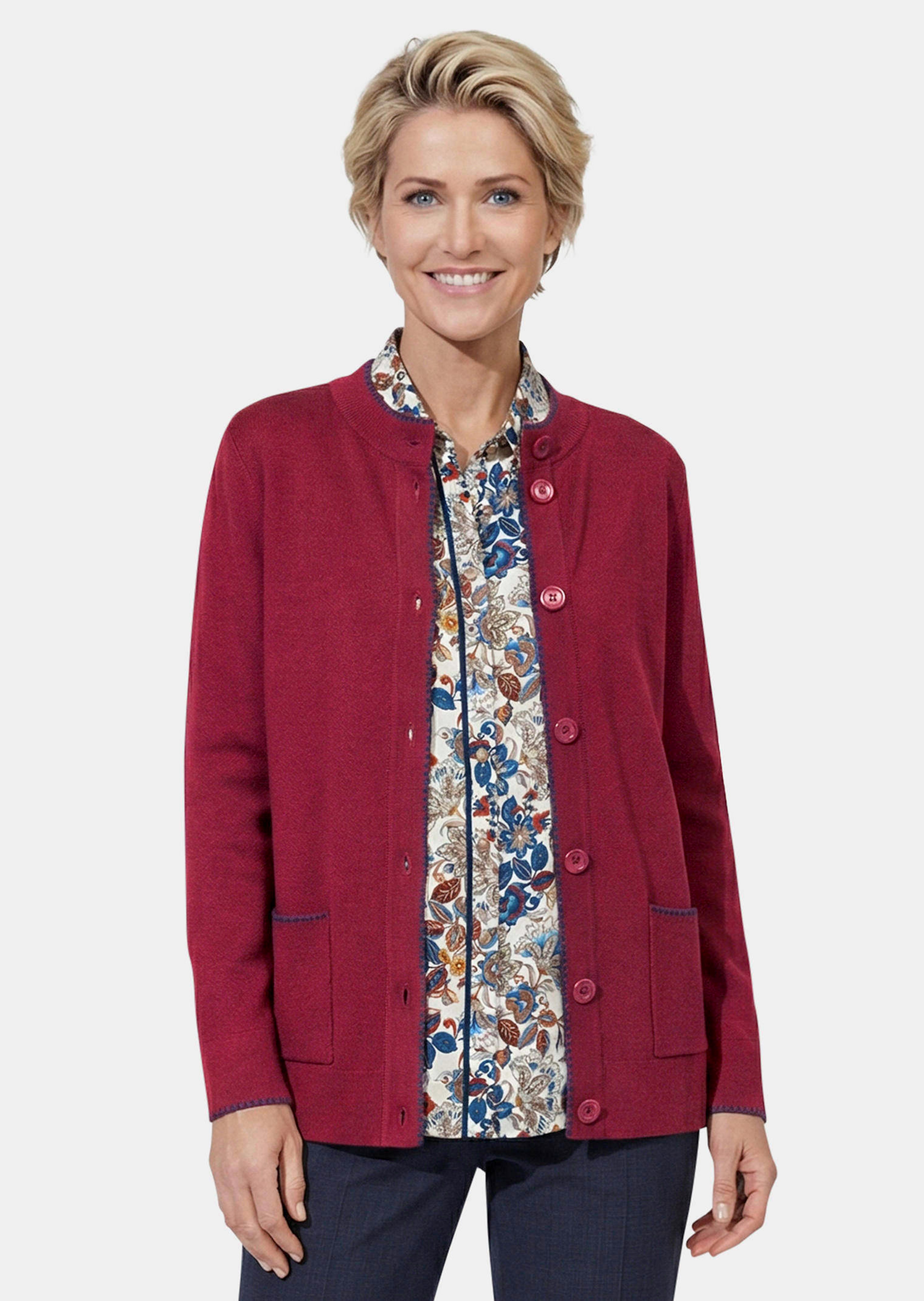Lang tricot jasje met contrastkleurige sierranden