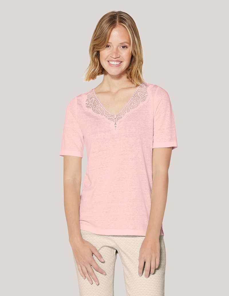 Kurzarm-Shirt aus Leinen mit feinem Spitzen-Akzent