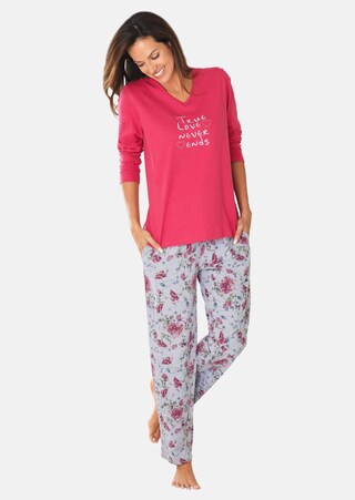 koralle / grau / gemustert Baumwoll-Pyjama mit Langarm