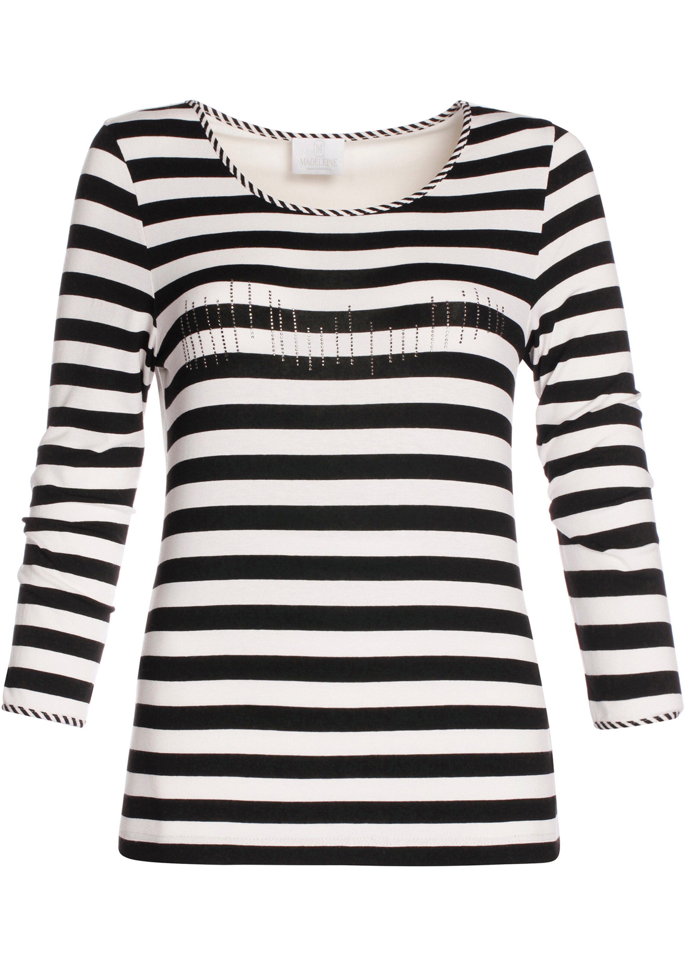 Rundhals-Shirt mit Strass-Dekoration und Streifen