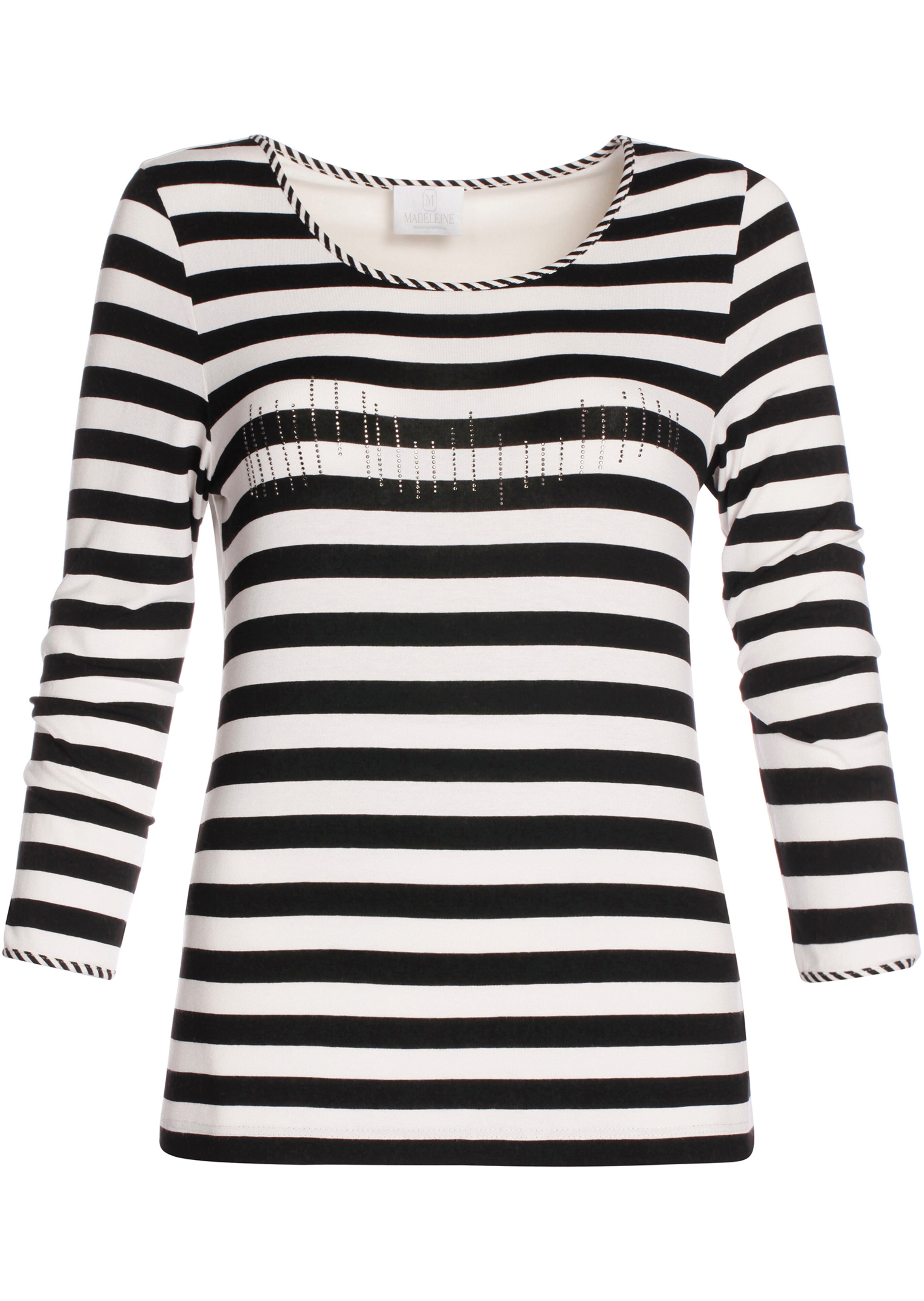 Rundhals-Shirt mit Strass-Dekoration und Streifen