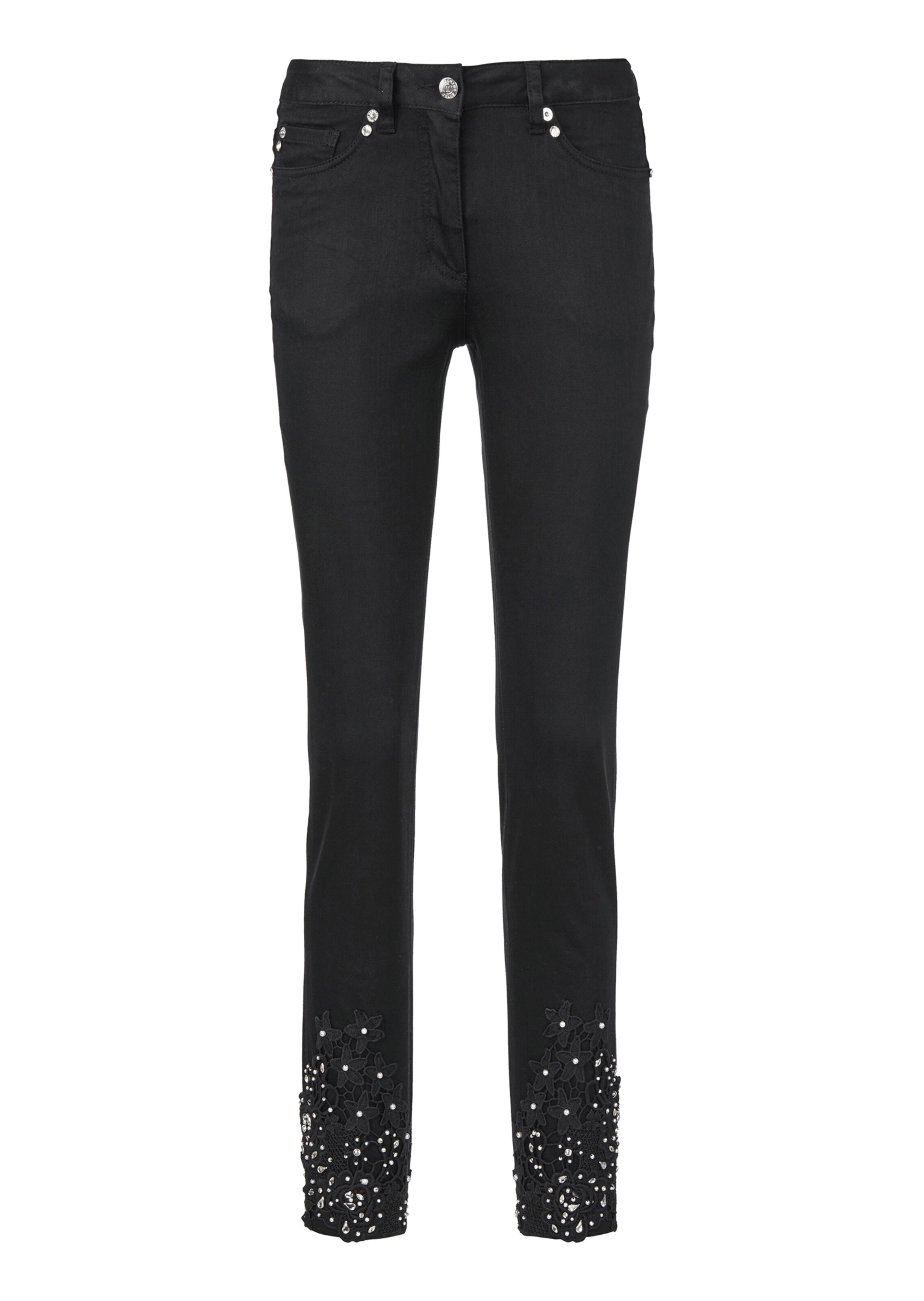 Jeans with lace, ornamental pearls and rhinestones