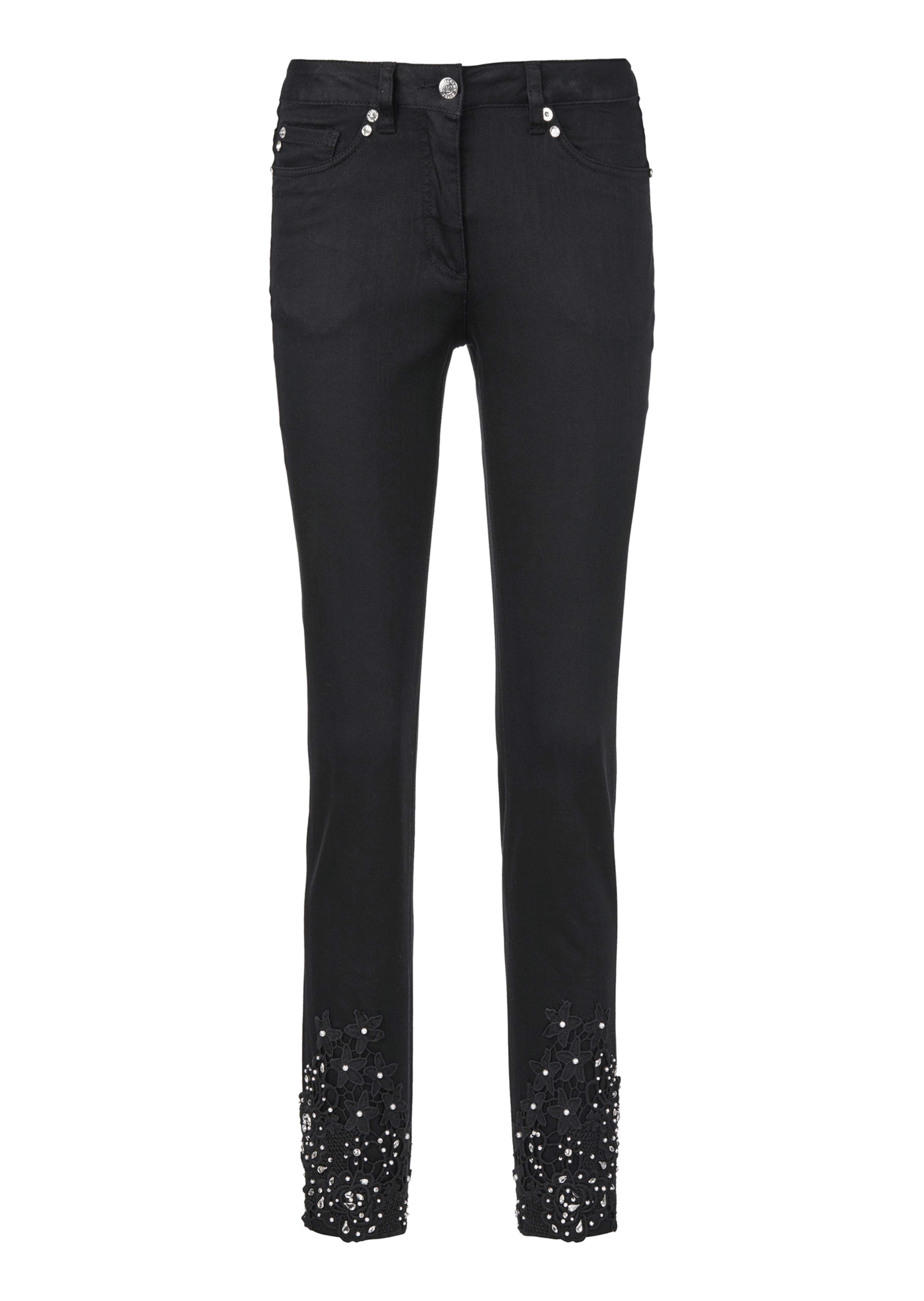 Jeans with lace, ornamental pearls and rhinestones