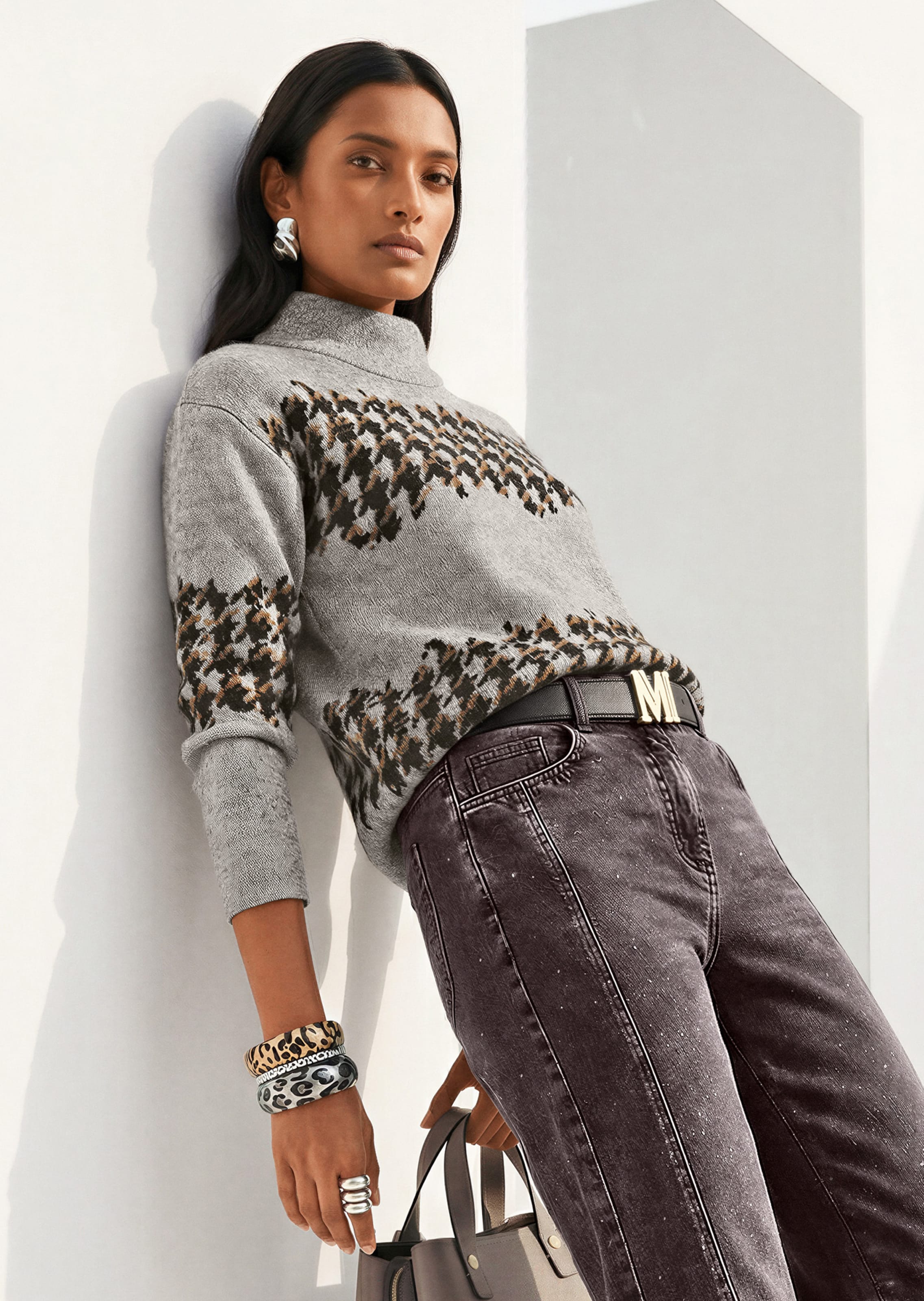 Jacquard-Sweatshirt mit Hahnentritt