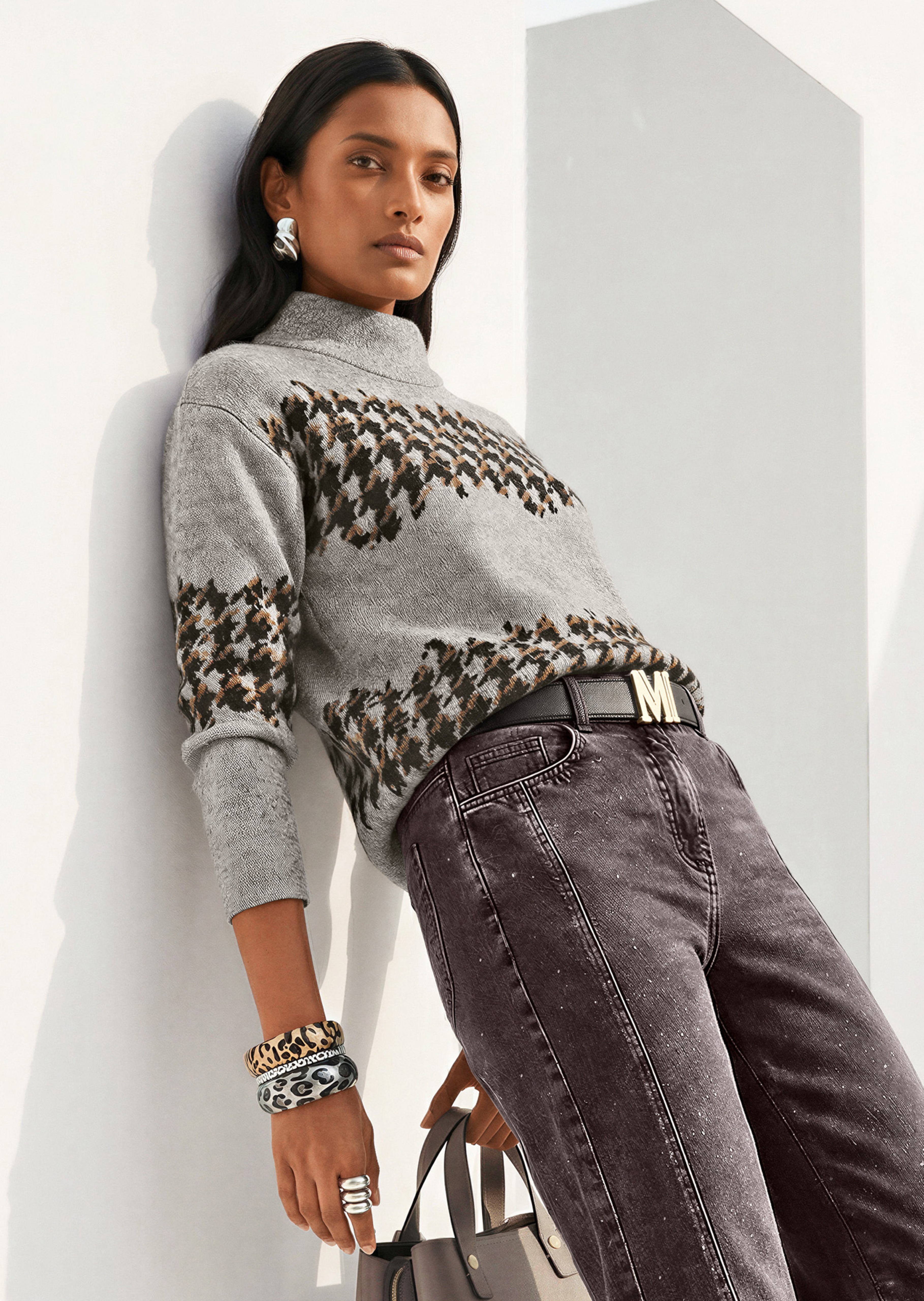 Jacquard-Sweatshirt mit Hahnentritt