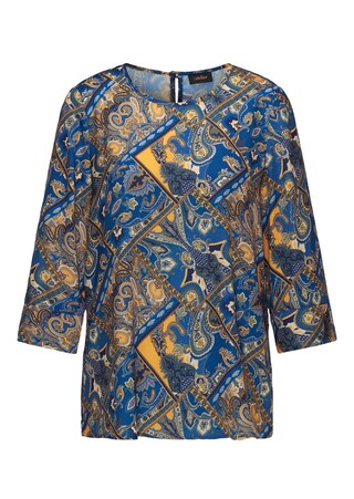 donkerblauw / honing / gedess. Figuurvriendelijke gedessineerde blouse met grafisch dessin