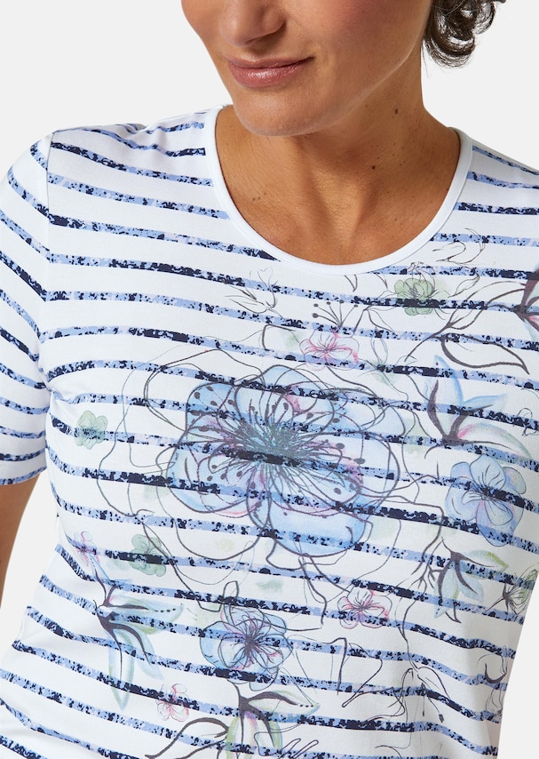 Confortable T-shirt imprimé de fleurs et rayures 4