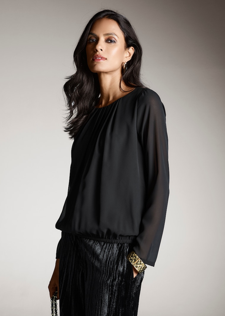 Rundhals-Bluse mit transparenten Ärmeln