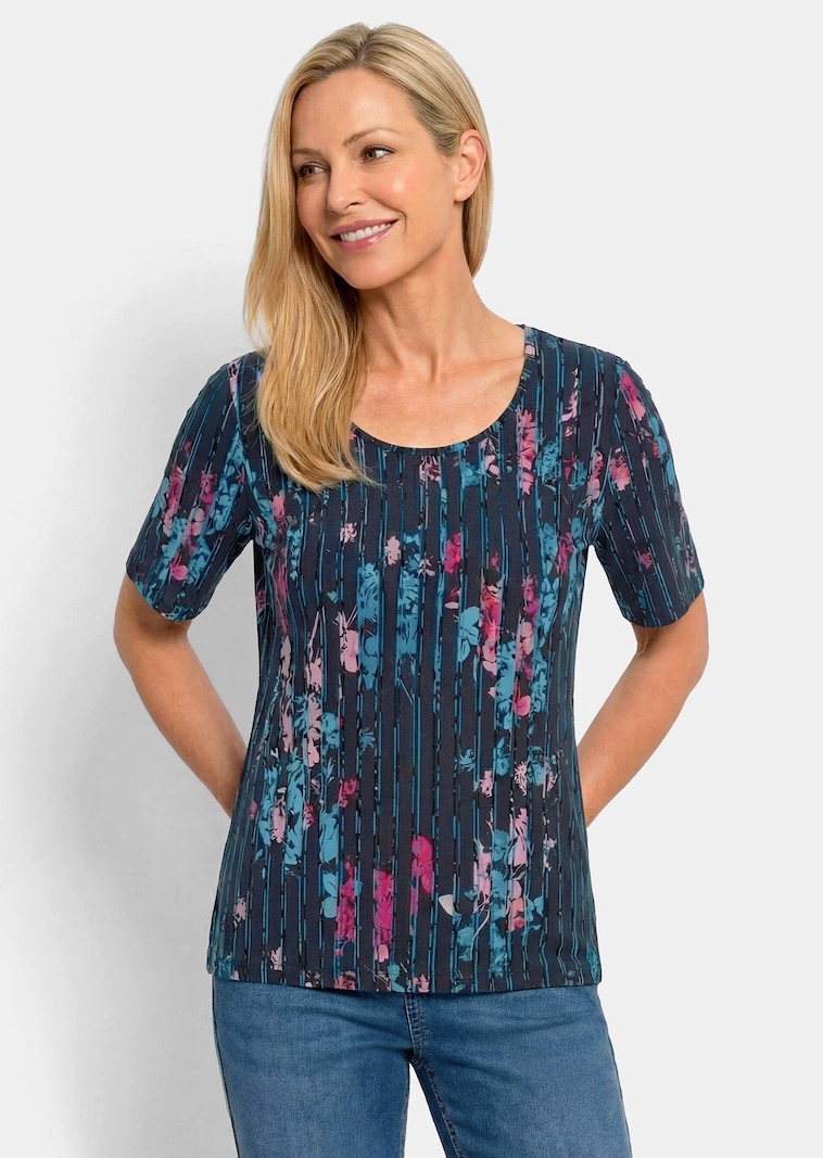 T-shirt en viscose avec fleurs et rayures longitudinales