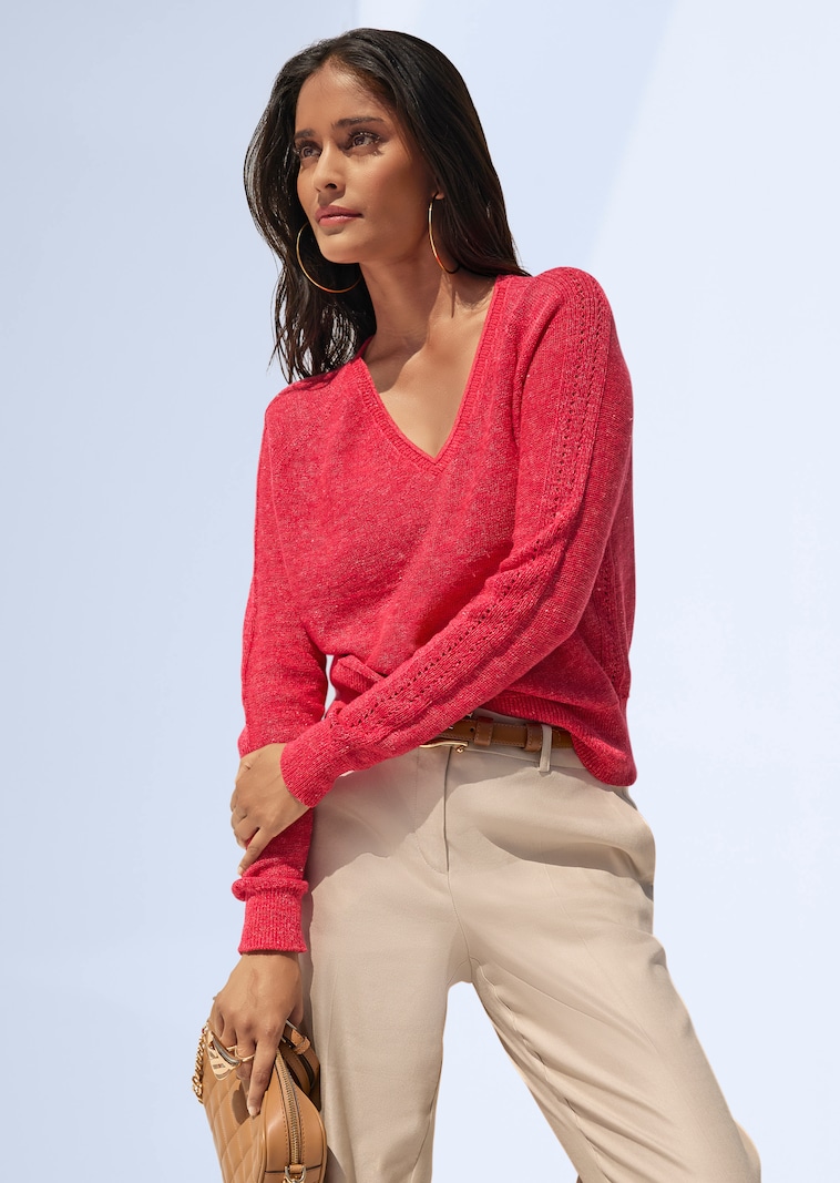 V-Pullover mit Pointelle-Muster