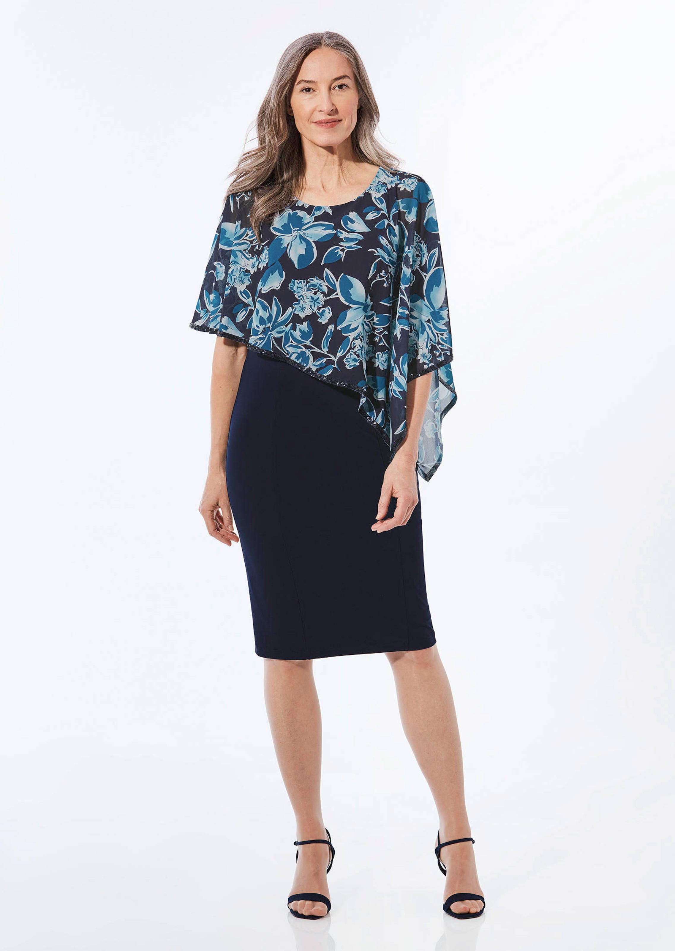 Robe habillée avec drapé en mousseline - marine / bleu mykonos / à fleurs - Gr. 56 de Goldner Fashio