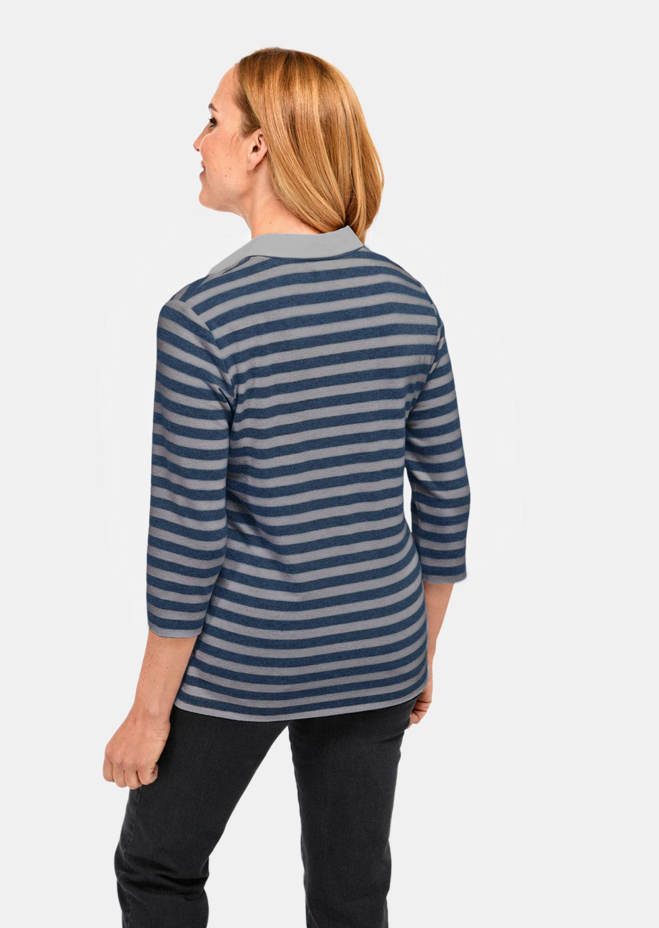 T-shirt à manches longues et col polo - gris / bleu foncé / rayé - Gr. 56 de Goldner Fashion