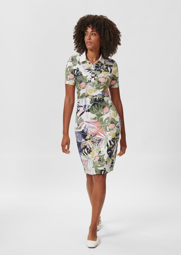 Polo dress with abstract floral print and lace collar 1