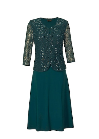 smaragd Kleid mit paillettenbesetzter Spitzenjacke