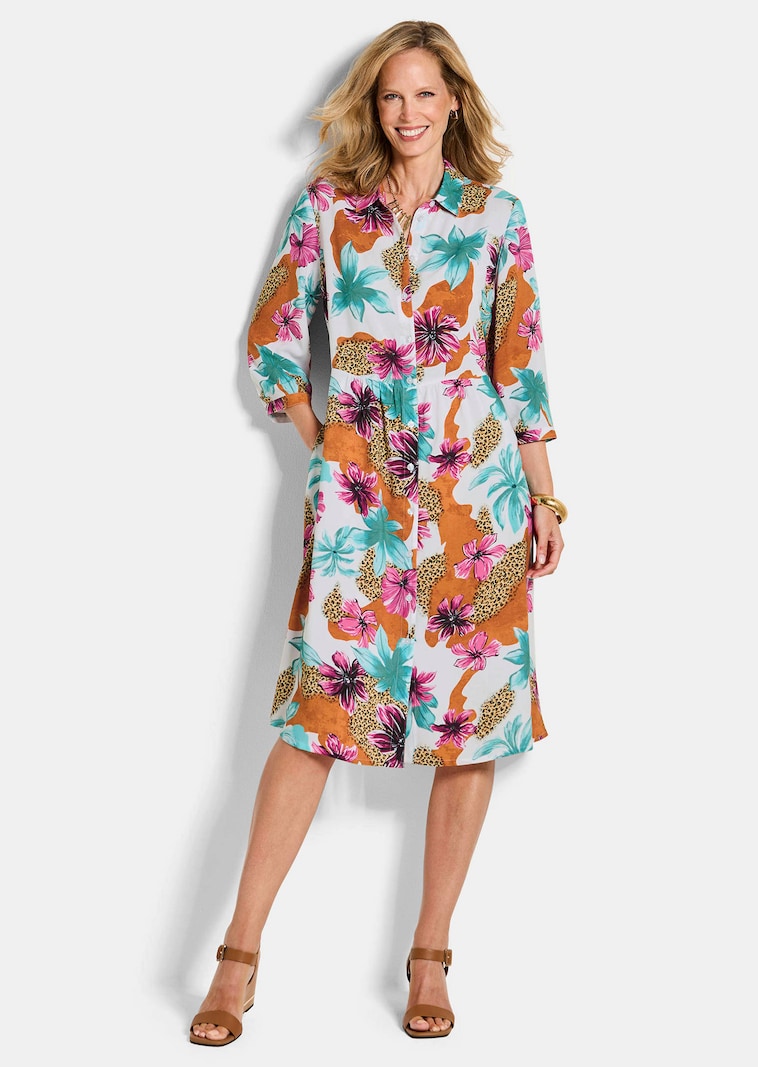 Hemdblusenkleid mit Leo Print und Blumen