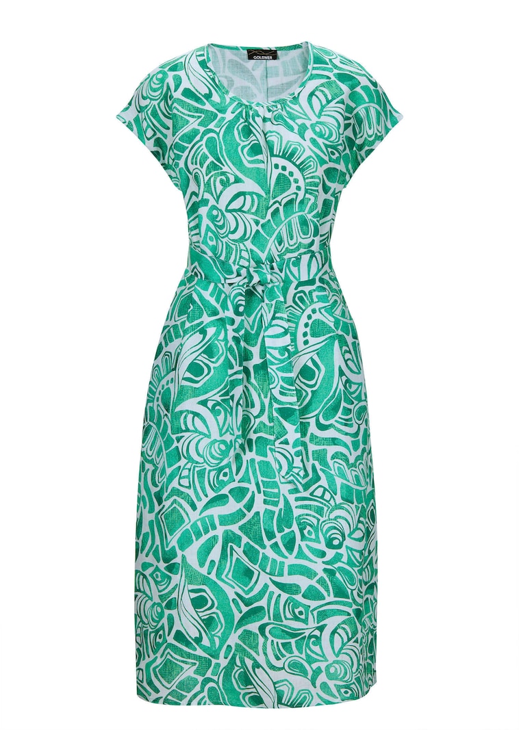 Leinenkleid mit Alloverdruck & Bindegürtel