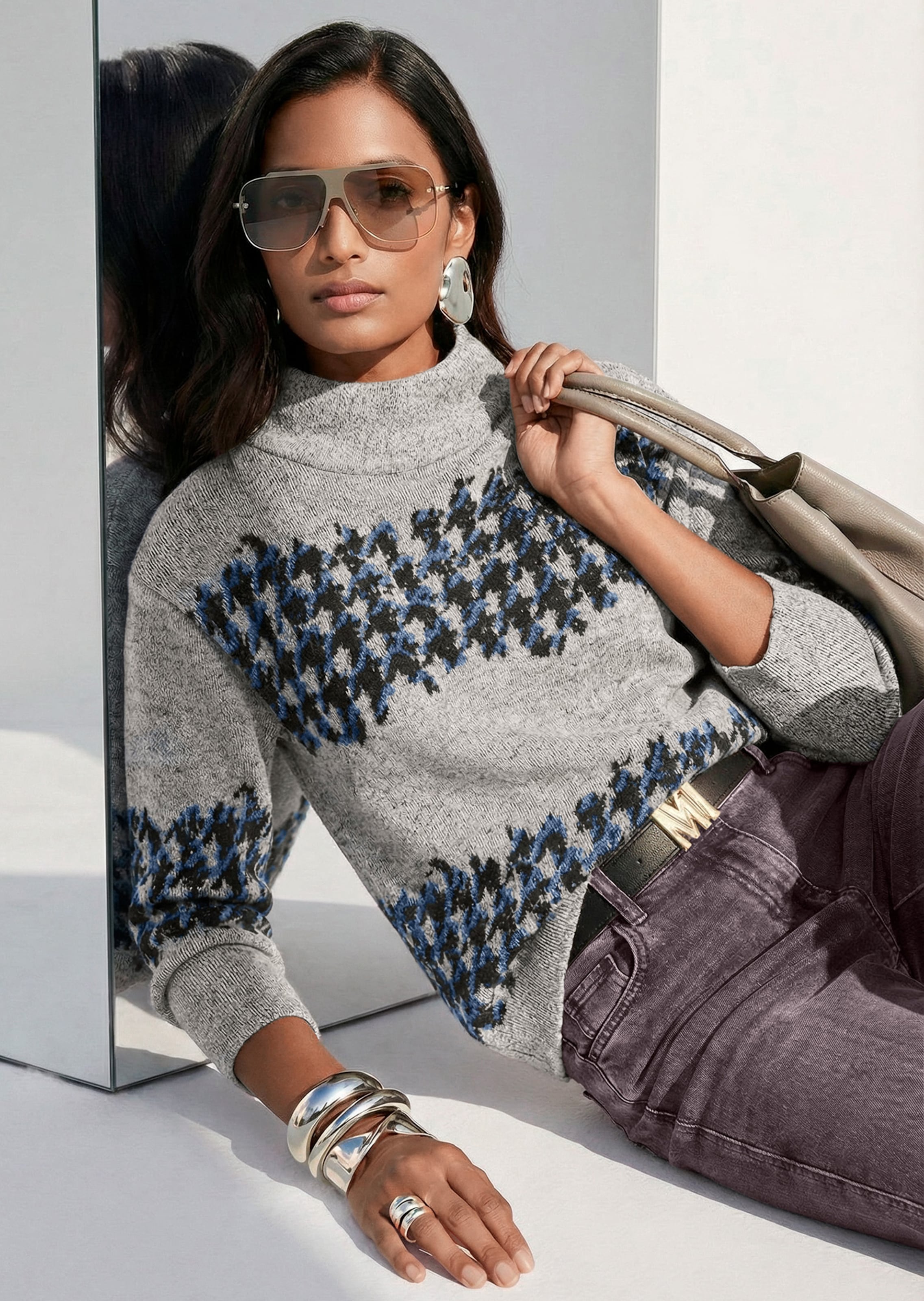 Jacquard-Sweatshirt mit Hahnentritt