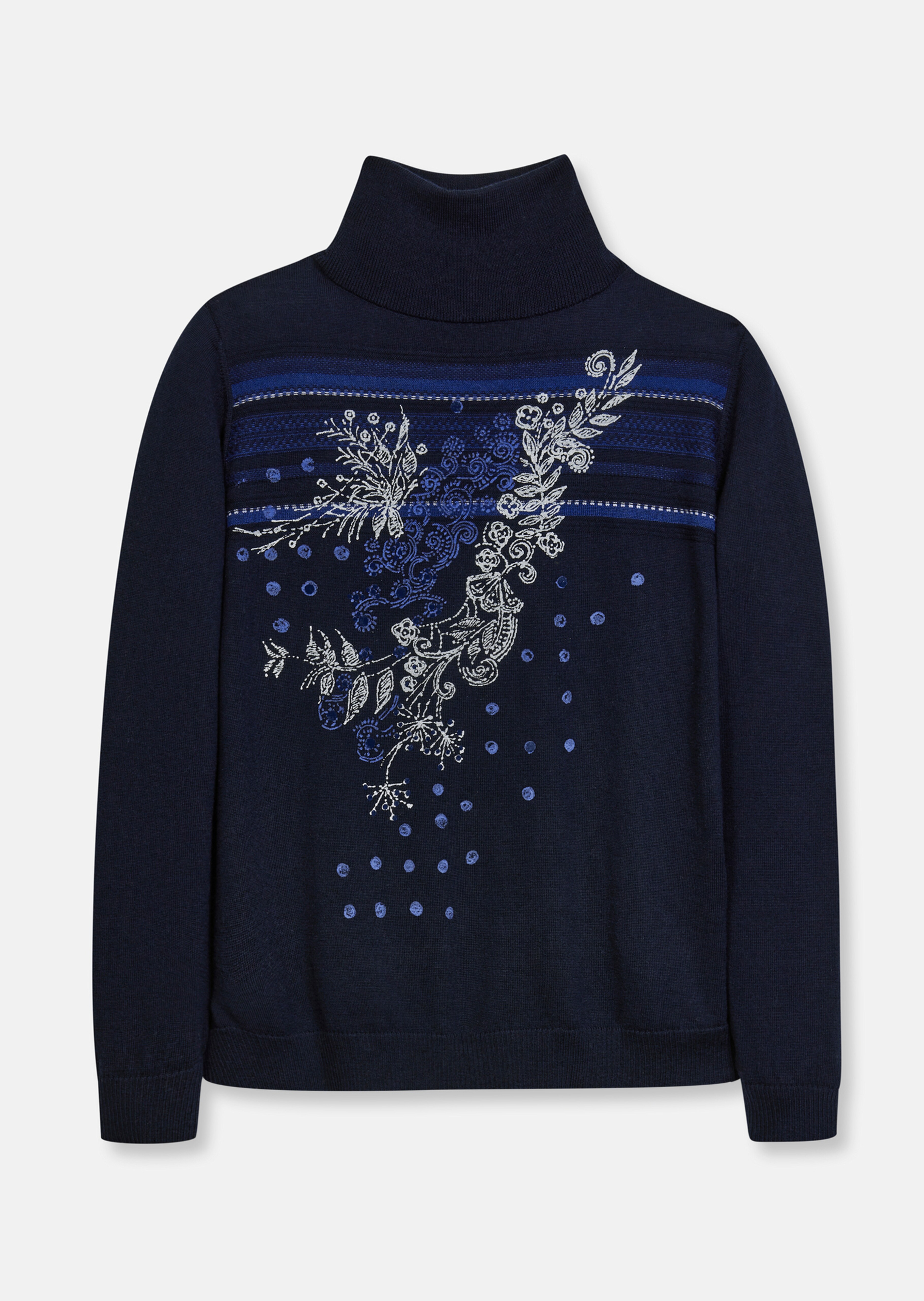 Stehkragen-Pullover mit Druck und Jacquard