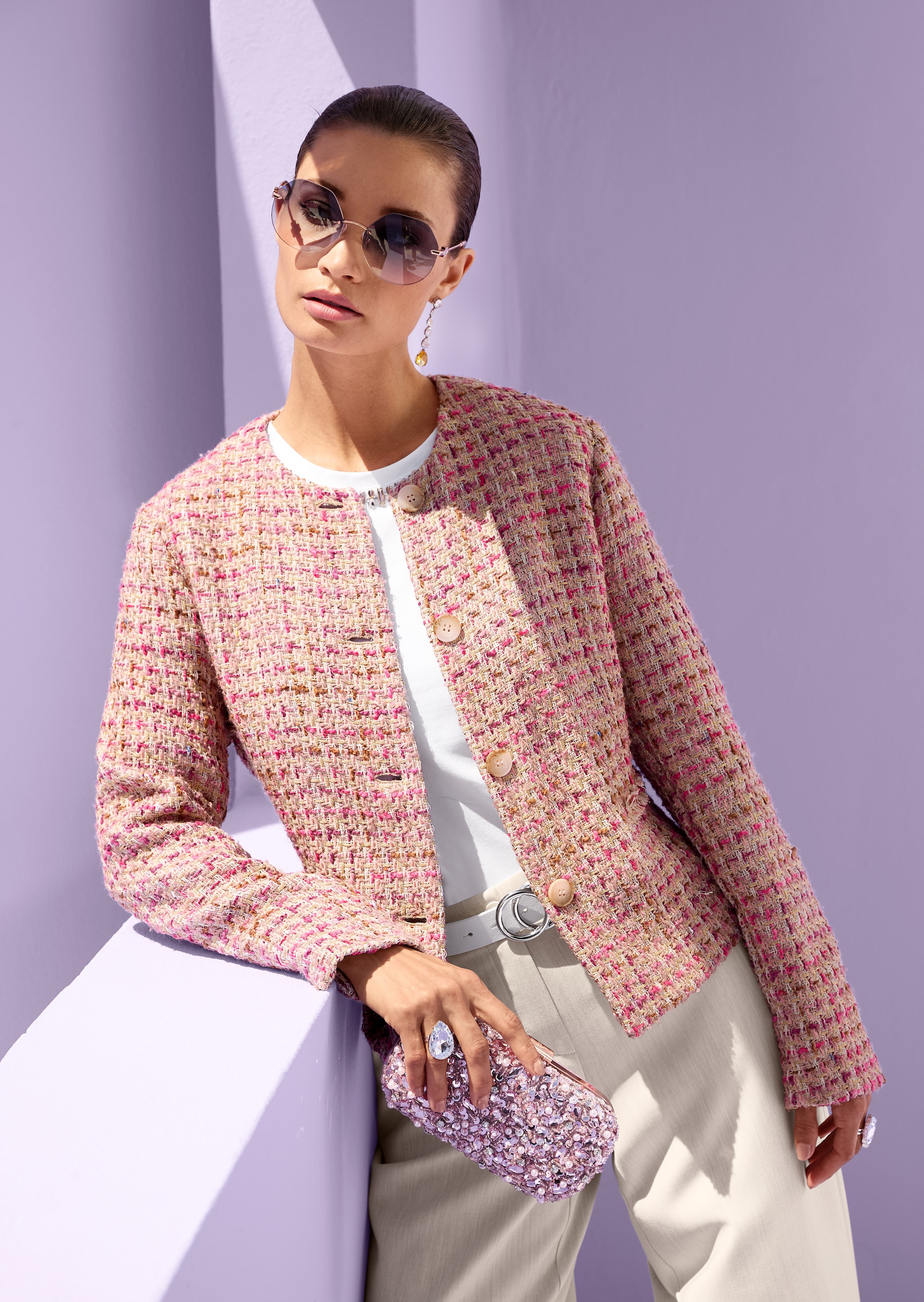 Kragenloser Tweed-Blazer mit Glanz-Effekten