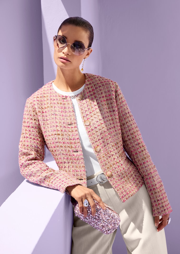 Kragenloser Tweed-Blazer mit Glanz-Effekten