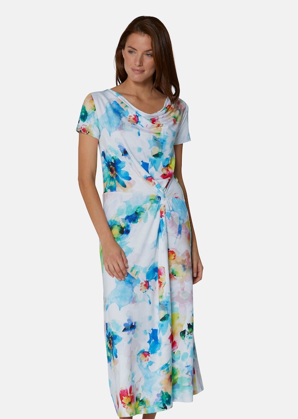 Bedrucktes Kleid mit Wasserfall-Ausschnitt und Knoten-Effekt