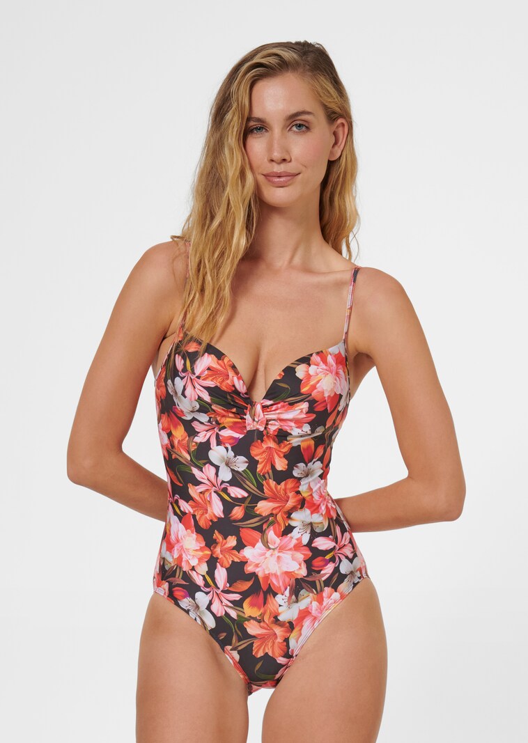 Swimming costume with floral print and drape effect